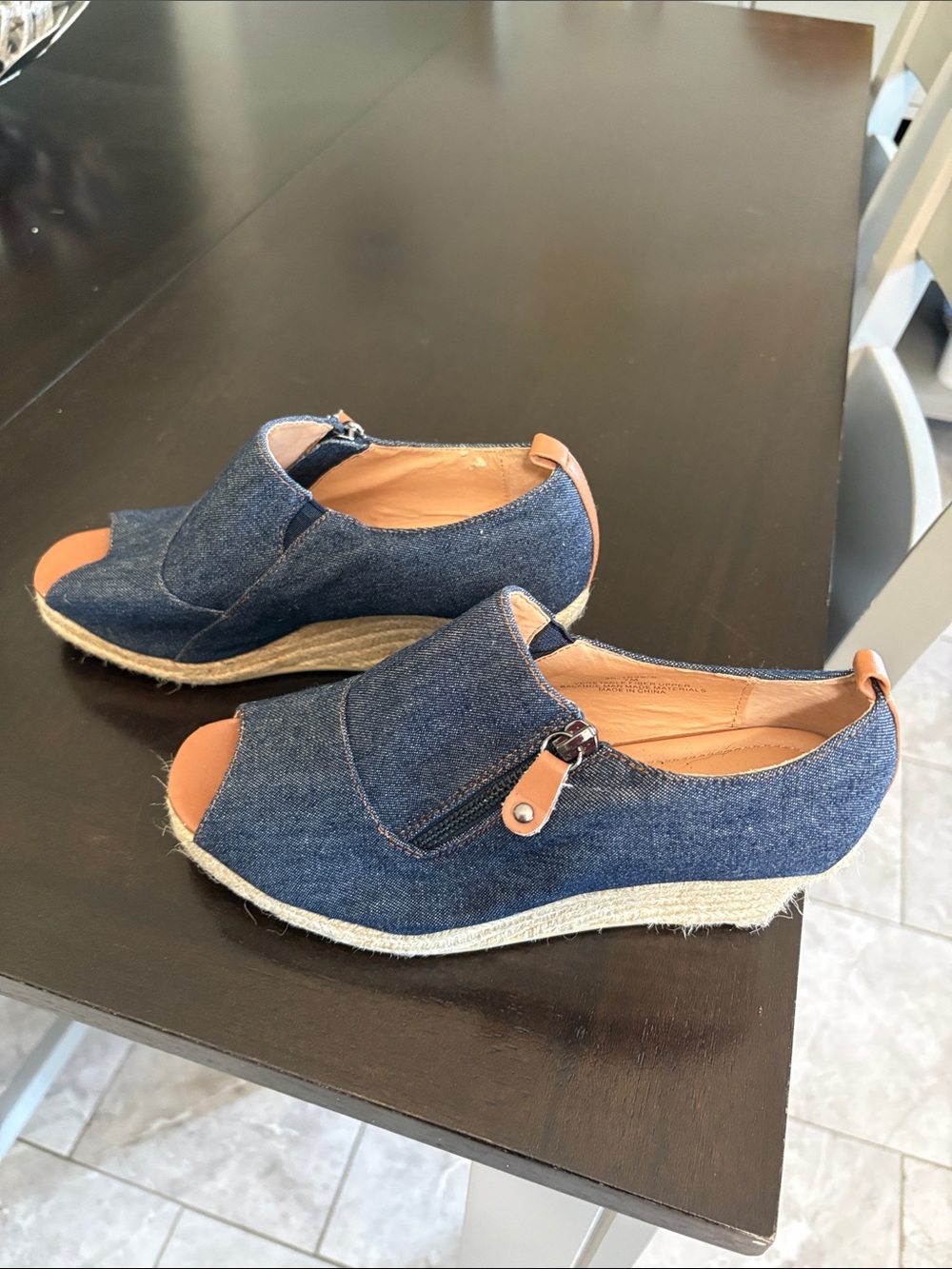 comfortview Denim Wedge Espadrille Sandals with Tan Accents